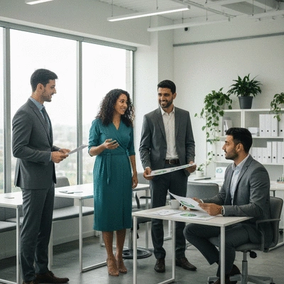 People discussing eco-responsibility in an office meeting