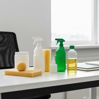 Eco-friendly cleaning products on a clean office desk, bright and natural light, no text, no words, no typography