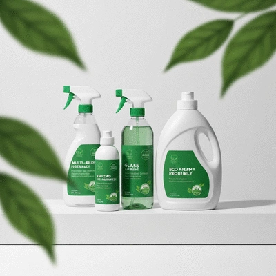 Collection of eco-friendly cleaning products on a clean surface, with green leaves in the background