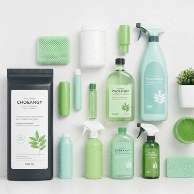 Modern cleaning products arranged neatly on a clean surface, emphasizing eco-friendly solutions, bright and organized, no text, no words, no typography, clean image
