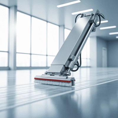 Gros plan d'un équipement de nettoyage industriel moderne en action dans un environnement de bureau propre, avec une lumière naturelle, pas de texte, pas de mots, pas de typographie, 8K