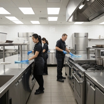 Professional cleaning staff working in a commercial kitchen, sparkling clean surfaces, no text, no words, no typography, no labels, clean image