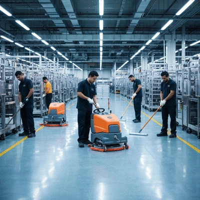 Industrial cleaning crew working at night in a factory