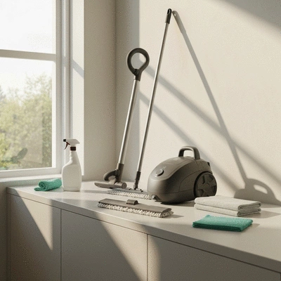 Professional cleaning tools and supplies arranged neatly on a clean surface