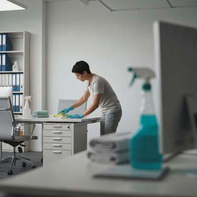 Modern office space with cleaning supplies in the background, a person cleaning a desk