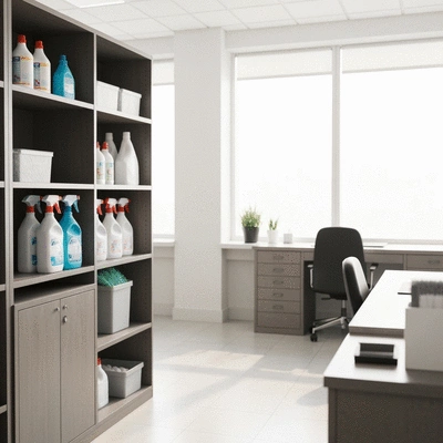 Modern office space with cleaning supplies, no text, no words, no typography