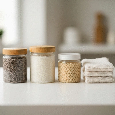 Eco-friendly cleaning products on a clean surface