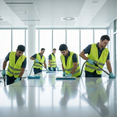 Professional cleaning staff disinfecting an office space with modern equipment
