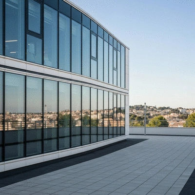 Office building in Montpellier with sparkling clean windows, bright and modern architecture, clear reflections, no text, no words, no typography, clean image