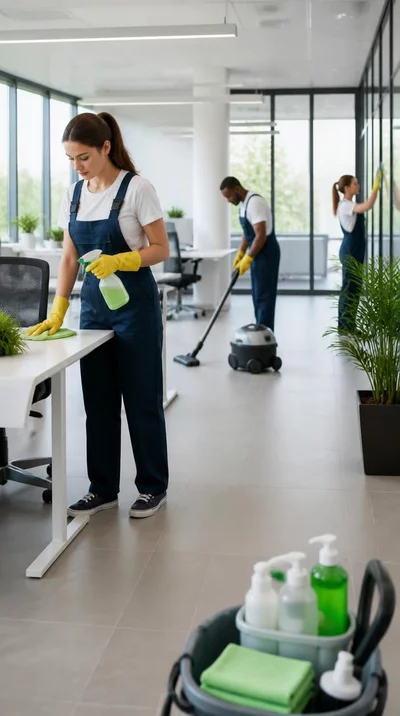 Équipe de nettoyage professionnelle travaillant dans un bureau moderne et impeccable, mettant en avant des produits écologiques