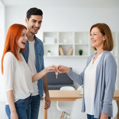 Happy couple receiving keys from a landlord after a successful end-of-lease cleaning, bright and modern apartment background, no text, no words, no typography, clean image