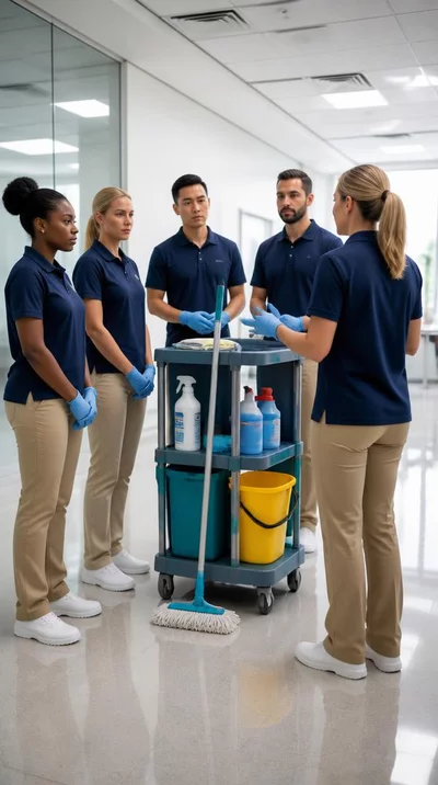 Professional cleaning staff undergoing safety training in a modern facility