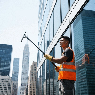 Professional window cleaner using a squeegee on a shop window in Montpellier