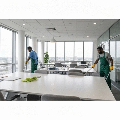 Modern office space being cleaned by a professional cleaning crew, focus on sparkling clean surfaces and employee well-being